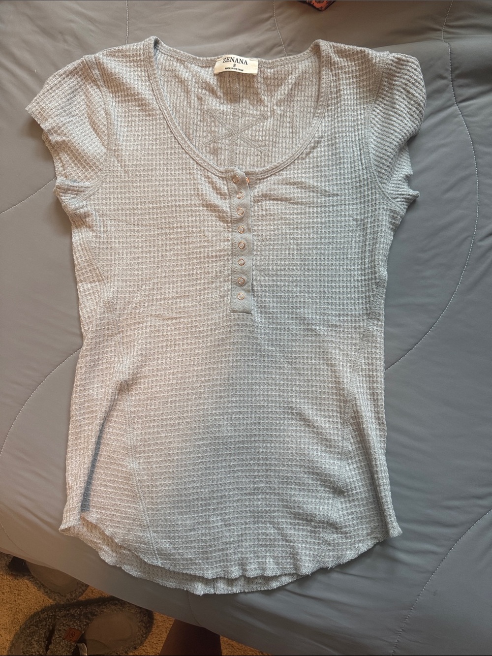 Zenana Outfitters Ivory Waffle Henley Short Sleeve Top